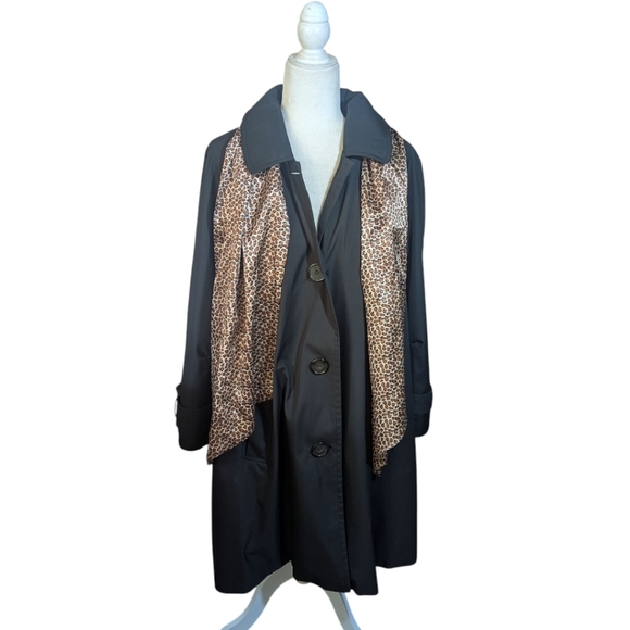 Dennis Basso Water Resistant Trench Black A Line Coat Leopard Print Scarf Sz 1X - Picture 1 of 15